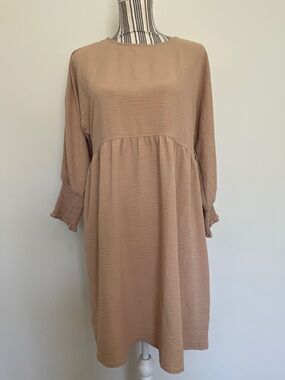 Smocked Cuff Long Sleeve Dress in Tan